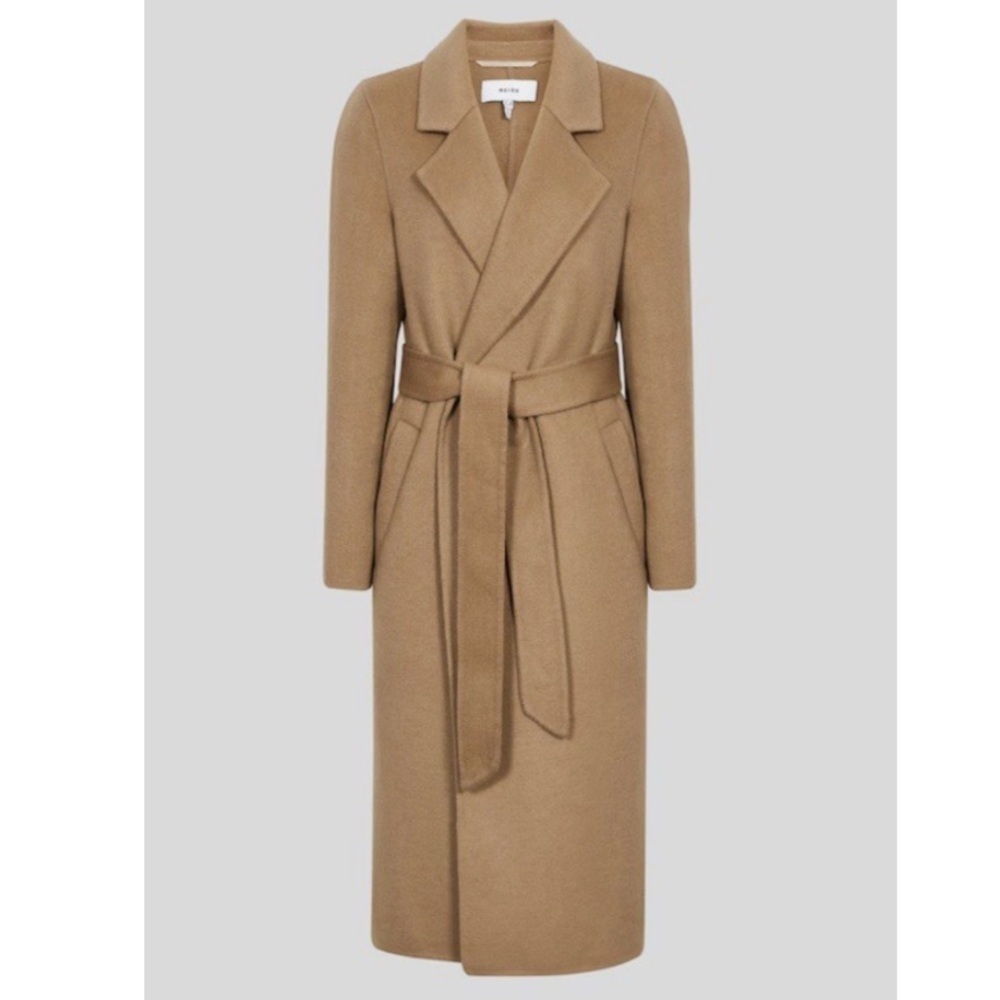 REISS Brooks Wool Blend Longline Overcoat Camel Belted Trench Coat Size 10